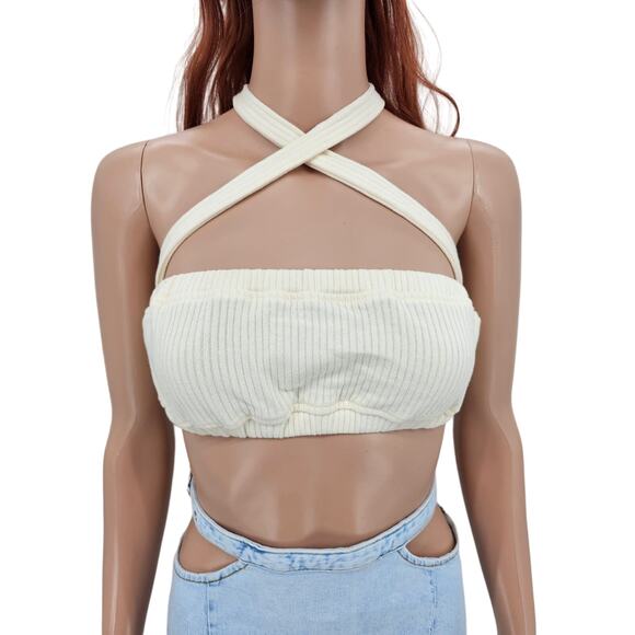 Revolve Weworewhat Womans size S Tie Halter Bra Top Wide Rib Ivory Bandeaux NEW - Picture 1 of 9
